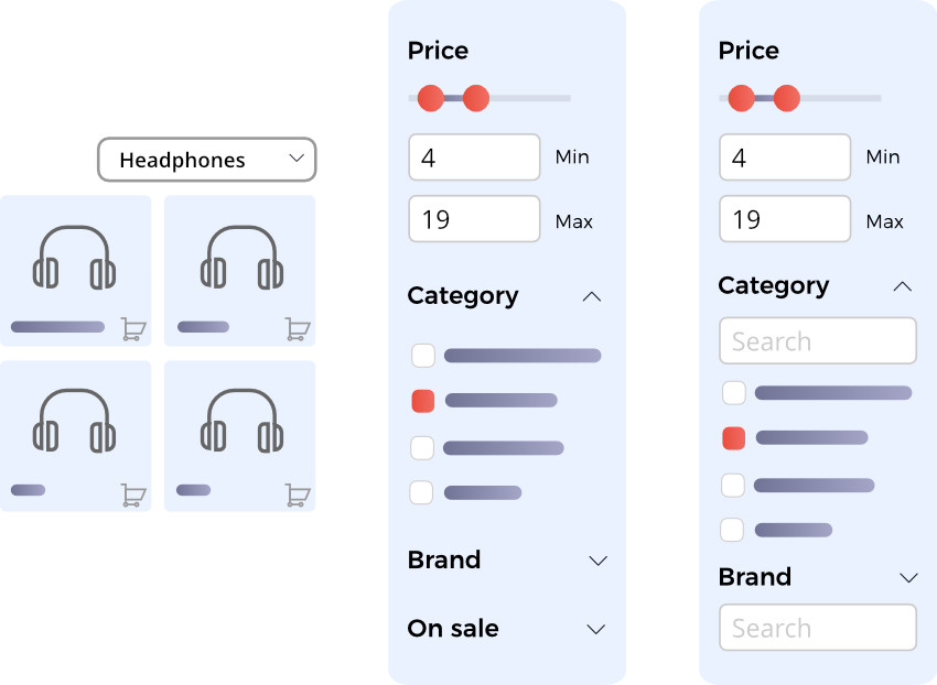 Unterschiede zwischen Filtern, der Facettennavigation und der Facettensuche