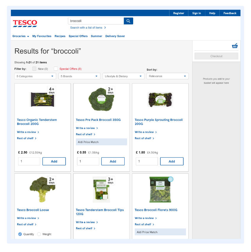 Tesco-Kategorieseite Facettensuche