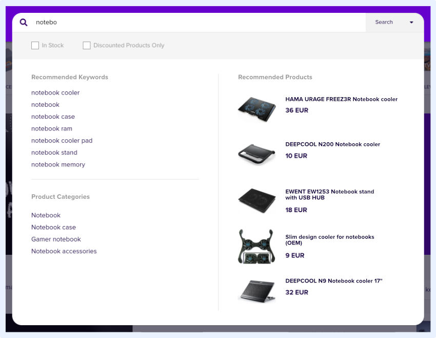 ecommerce search autocomplete extended with product and category suggestions