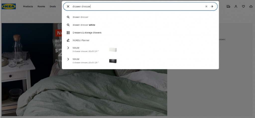 ikea site search autocomplete feature