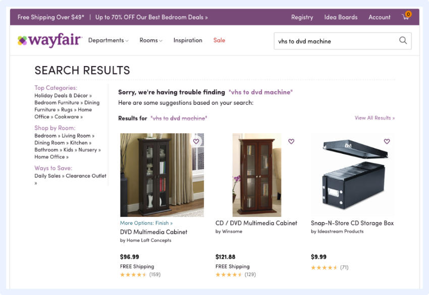 Wayfair - Suchanfrage auf und nutzt die einzelnen Schlüsselwörter, um weitere relevante Ergebnisvorschläge zu liefern