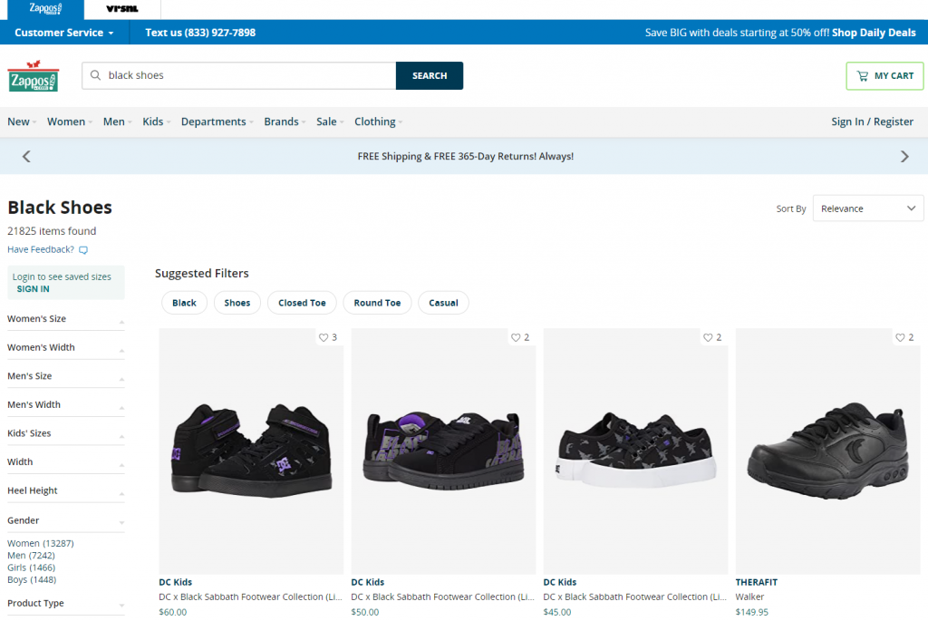 eCommerce Search Filters on Zappos