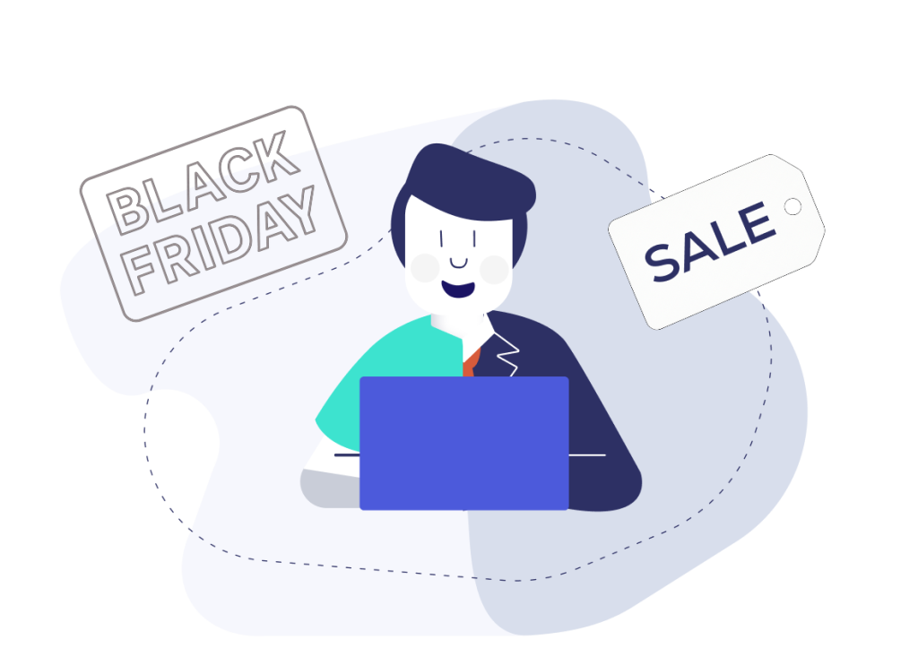 Black Friday 2025 illustration with a men sitting in front of a laptop browsing for deals