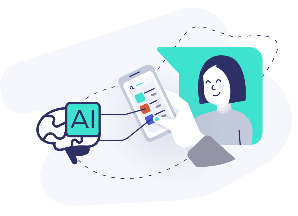 AI Product Discovery illustration with a women holding a mobile