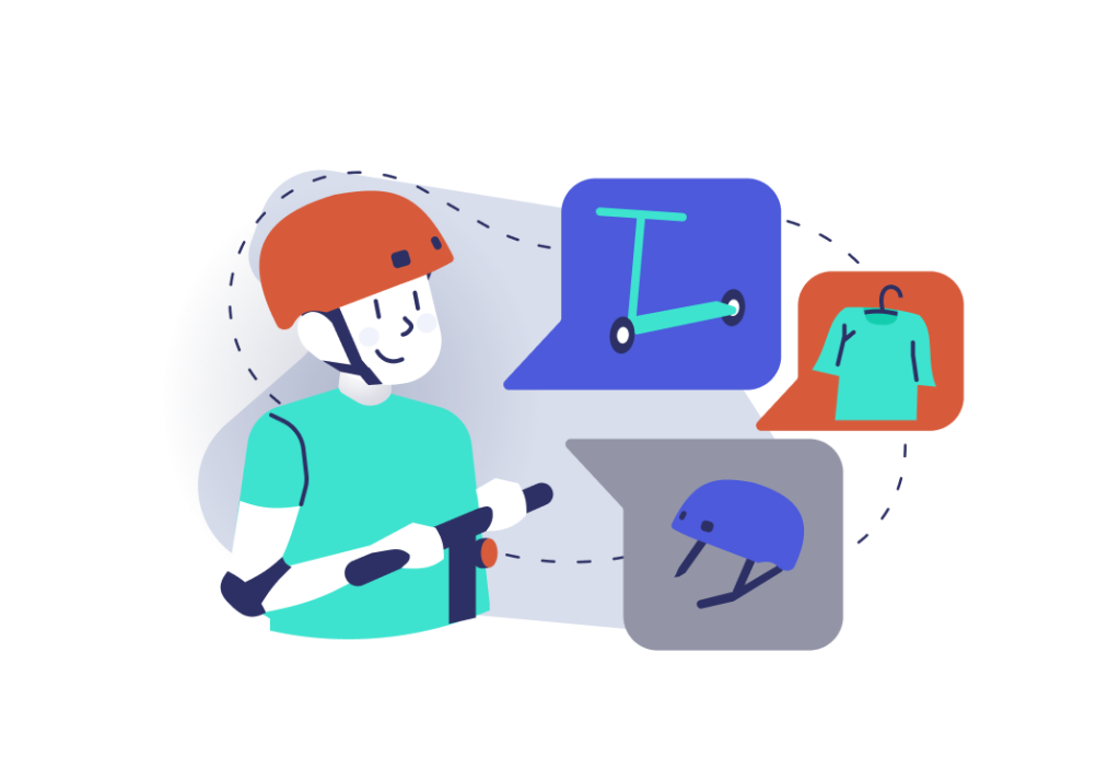Product discovery webinar illustration - a guy with a helmet thinking of roller items