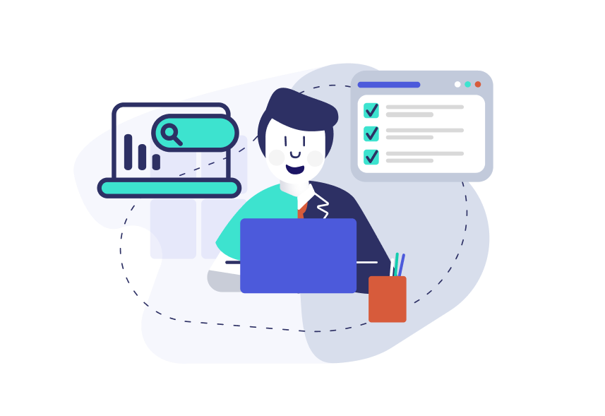 Ecommerce search post illustration with a man sitting at his laptop