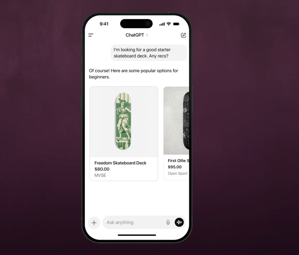 Shopify Agentic Commerce example - searching for skateboards in chatGPT and showing concrete Shopify products