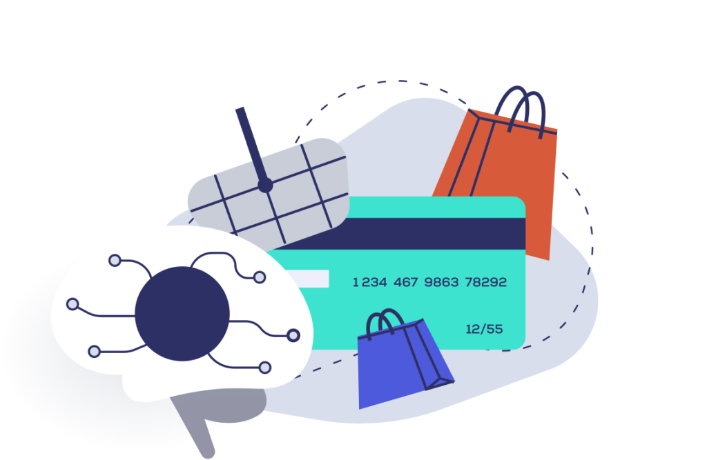 Universal Commerce Protocol Ecommerce illustration - card and card and basket with an AI brain