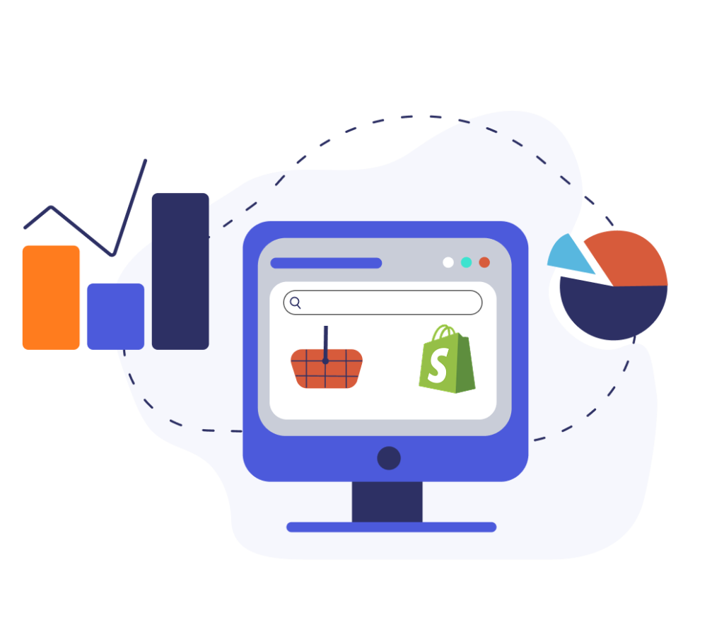 CRO illustration with a basket and shopify logo on a screen